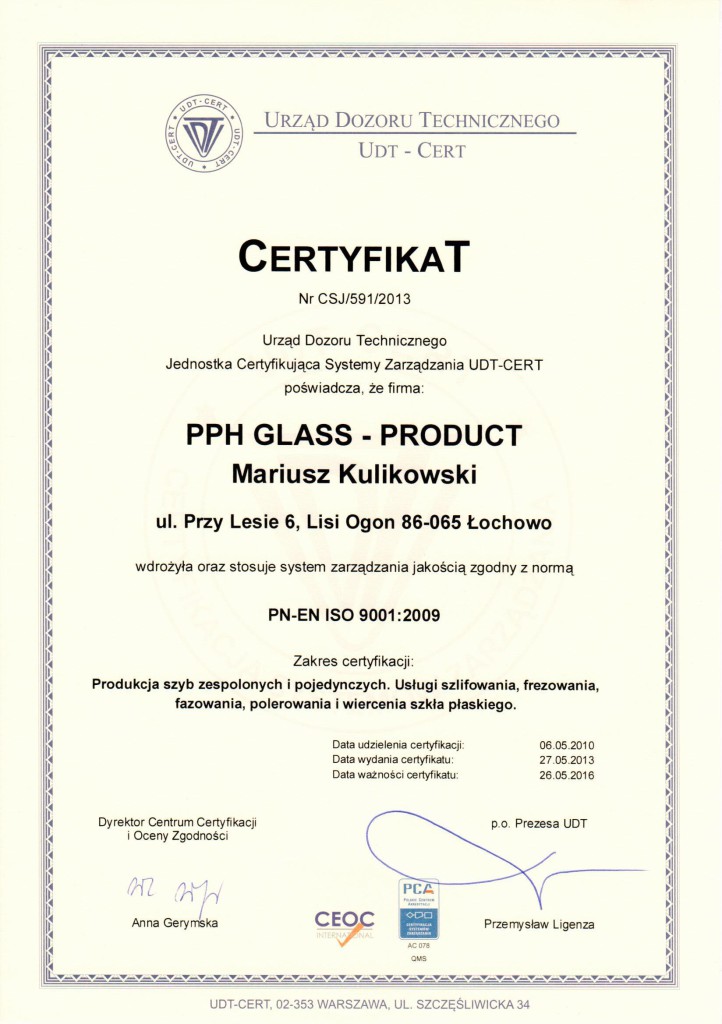 Certificates GlassProduct producer